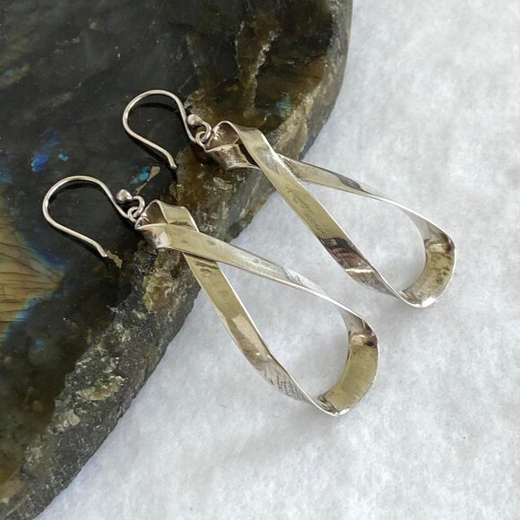 Sterling Silver 925 Mexico HOB 2.36" Modernist Twisted Elongated Hoop Earrings - Picture 6 of 16